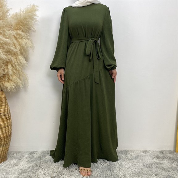 Women Middle Dubai Loose Solid Color Round Neck Belt Splicing Zipper Big Swing Dress Party Wear Gowns for Girls Long Sleeve Dresses for Teen Maxi Dress Long Sleeve Clothes for Women for Party Nigerian