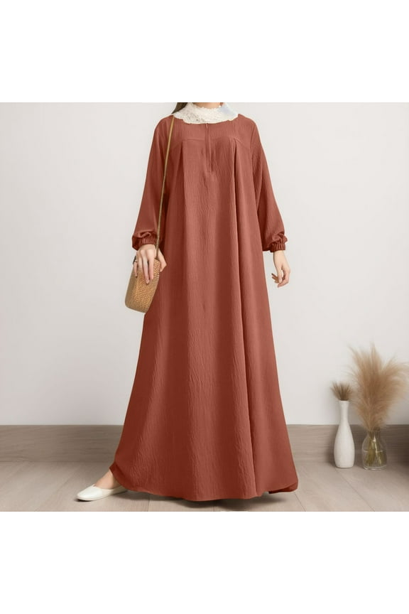 Women Middle Solid Color Puff Sleeve Dress Zipper Front Round Neck Elastic Robe Clothes for Men Dress for Women Fancy Long Sleeve Maxi Dresses for Women Turkish Hijab Dresses for Women Turkish Women