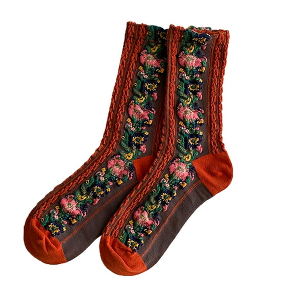 Women Middle Tube Socks, Fashion Casual Flower Pattern Ethnic Print Twist Design Soft Cozy Elastic Knitted Cotton Blend Autumn Winter Foot Warm Crew Socks for Outdoor Daily Wear