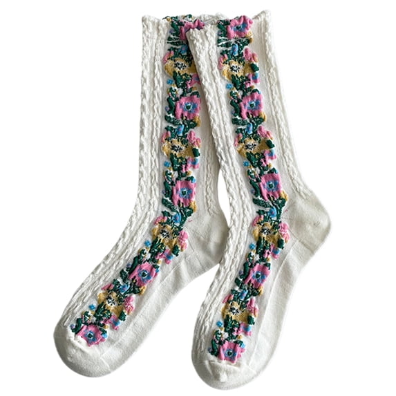 Women Middle Tube Socks, Fashion Casual Flower Pattern Ethnic Print Twist Design Soft Cozy Elastic Knitted Cotton Blend Autumn Winter Foot Warm Crew Socks for Outdoor Daily Wear