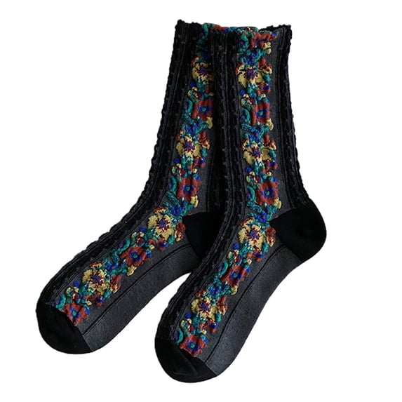 Women Middle Tube Socks, Fashion Casual Flower Pattern Ethnic Print Twist Design Soft Cozy Elastic Knitted Cotton Blend Autumn Winter Foot Warm Crew Socks for Outdoor Daily Wear