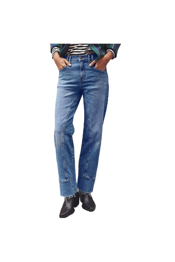 Women Middle Waist Light Washed Straight Leg Denim Pants Casual Ankle Jeans