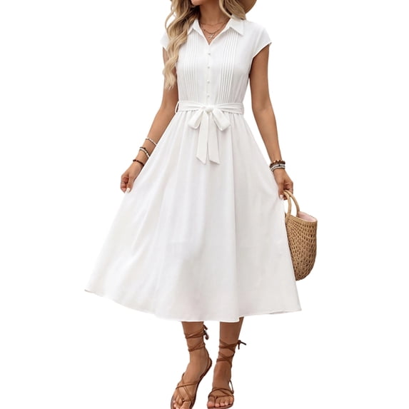 Women Midi Button Down Shirt Dress Collared Cap Sleeve Pleated Tie Waist Flowy Elegant Dress White S
