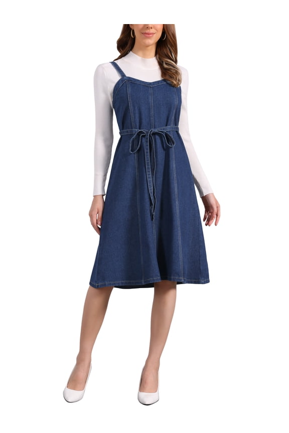 Women Midi Denim Dress Sleeveless Sweetheart Neck Smocked Cross Back A-Line Belted Jean Dresses S Dark Blue