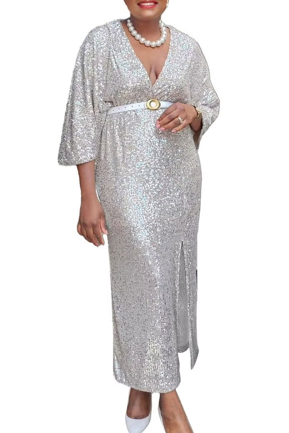Women Midi Sequins Evening Dress Sexy Dress Cap Sleeve Floor Length Party Dress