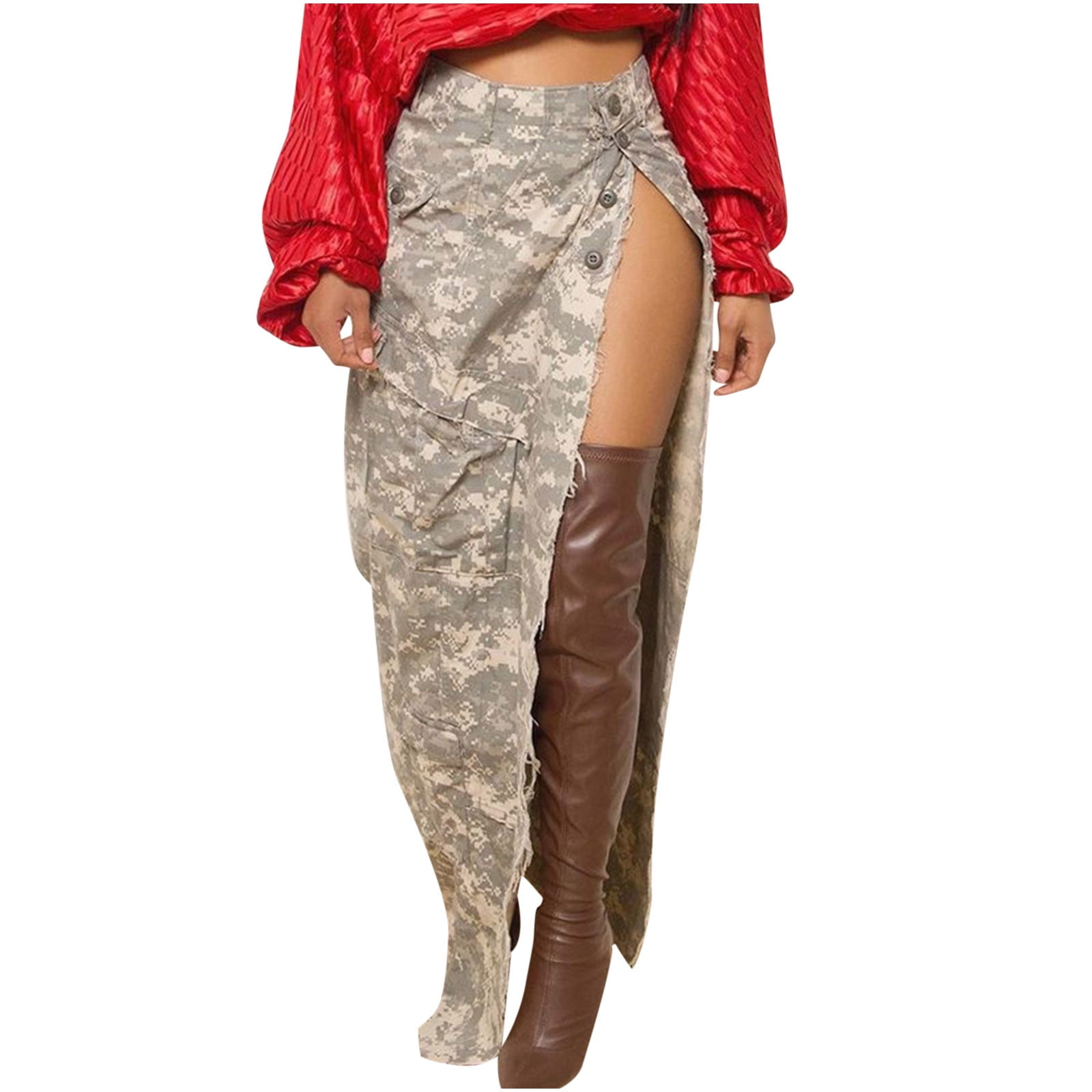 Women Midi Skirt Camo Skirt Cargo Skirt for Women Sexy High Split