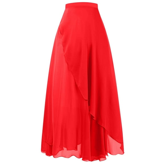 Women Midi Skirt Flowy Chiffon Long Skirt Red One Size
