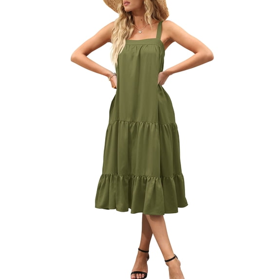 Women Midi Tank Dress, Summer Sleeveless Solid Color Loose Ruffle Tiered Beach Dress