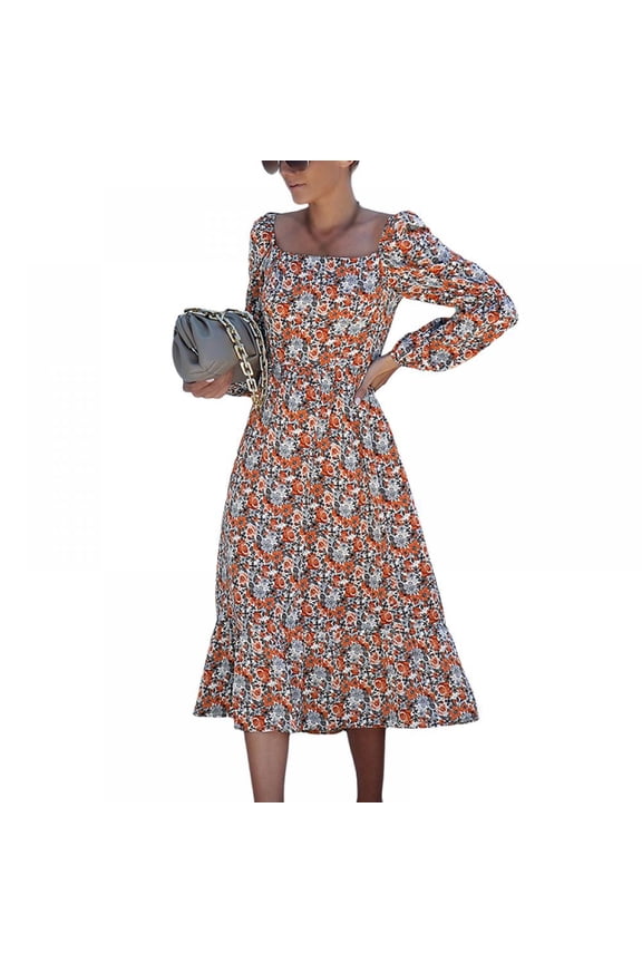 Women Midi Tea Dress Long Sleeve Square Neck Floral Printed High Waist Dress Spring Autumn French Romance Dress