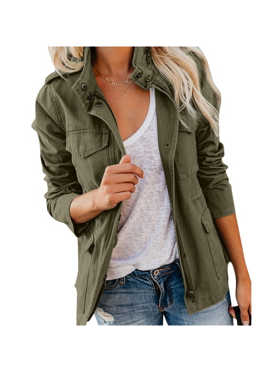 Women Military Anorak Jackets Zip Up Parka Safari Utility Coats (Army Green L)