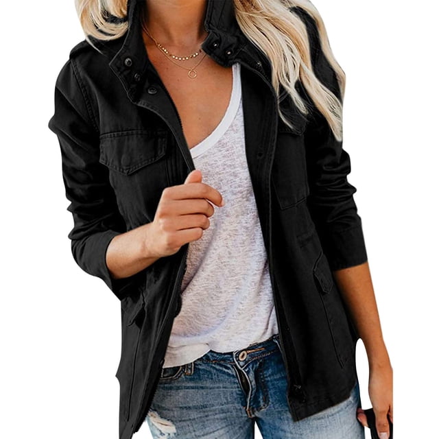 Women Military Anorak Jackets Zip Up Parka Safari Utility Coats (Black M)