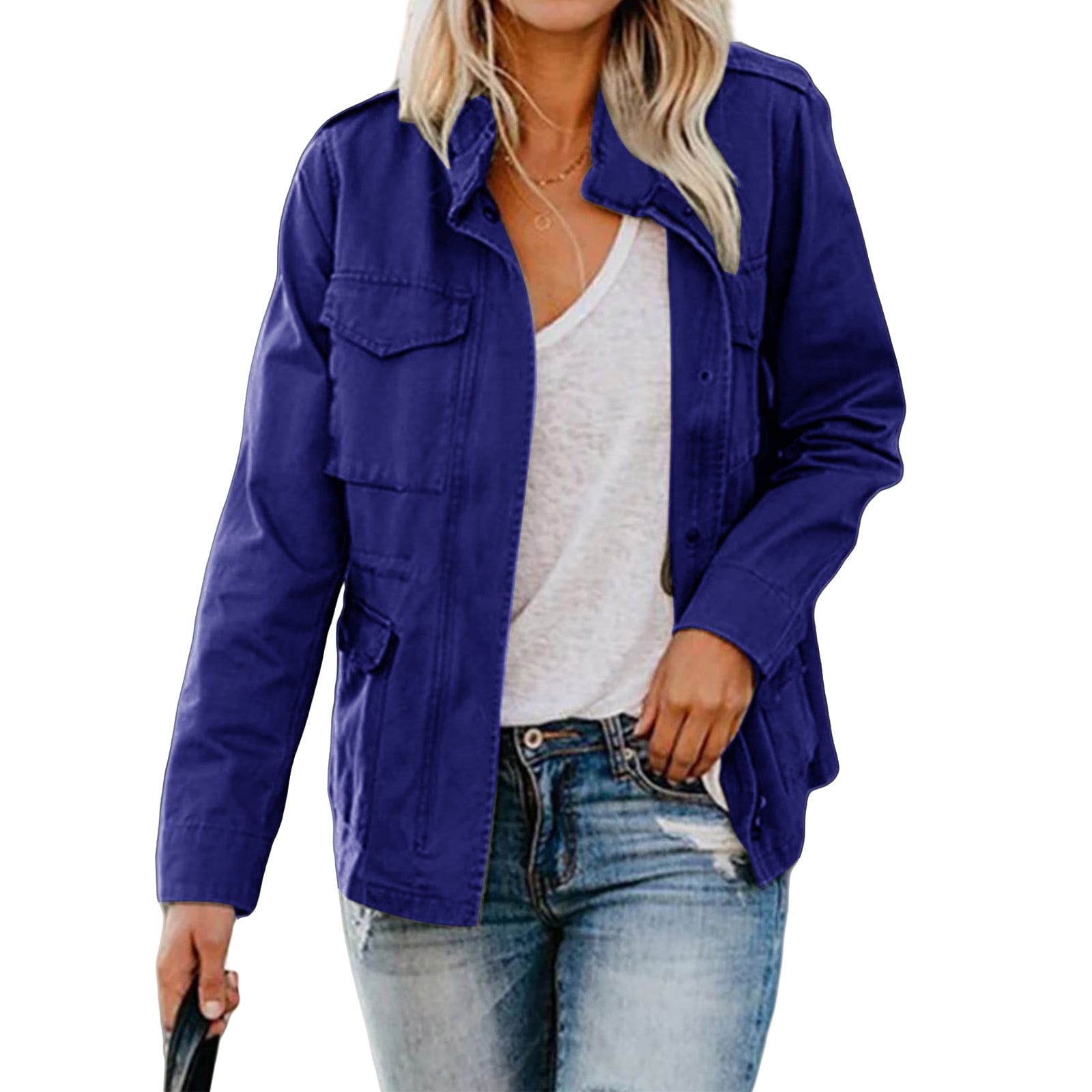 Women Military Anorak Jackets Zip Up Snap Buttons Parka Safari Utility ...
