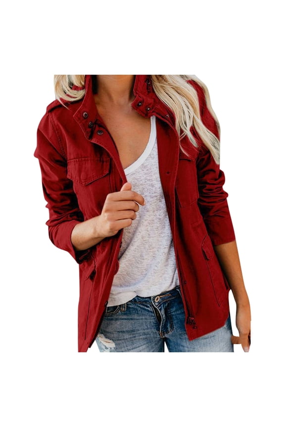 Women Military Anorak Jackets Zip Up Snap Buttons Solid Long Sleeve Coat Parka Safari Utility Casual Outerwear with Pockets
