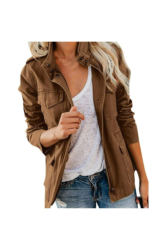 Women Military Anorak Jackets Zip Up Snap Buttons Solid Long Sleeve Coat Parka Safari Utility Casual Outerwear with Pockets