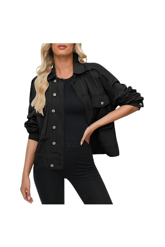 Women Military Anorak Jackets Zip up Snap Buttons Parka Safari Utility Coats Outwear Cropped Jean Jacket with Pockets