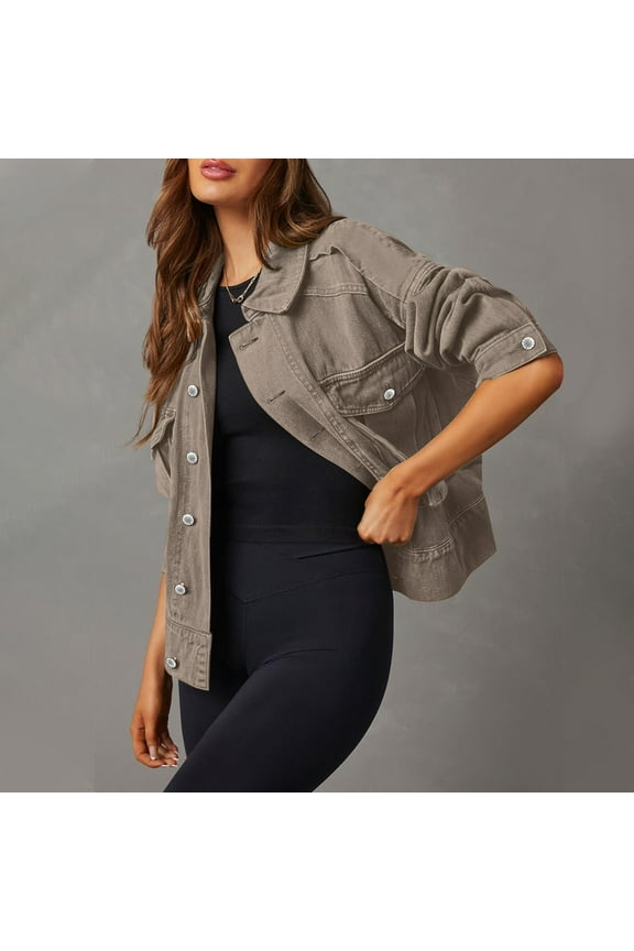 Women Military Anorak Jackets Zip up Snap Buttons Parka Safari Utility Coats Outwear for Women Cropped Jean Jacket with Pockets