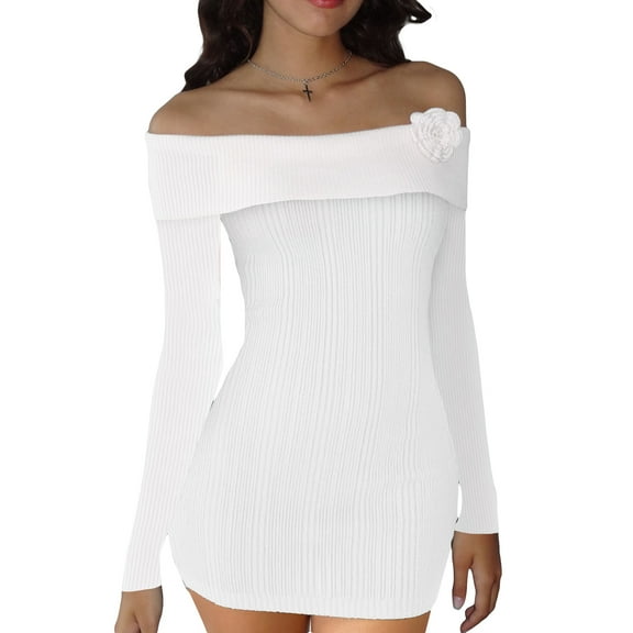 Women Mini Bodycon Dress Solid Color 3D Flower Boat Neck Off Shoulder Dress Fall Backless Knit Dress