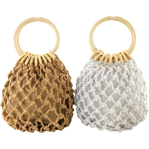 Women Mini Clutch Tote Handbag Top-handle Bucket Drawstring Handbag Beach Woven Handmade Fishing Net Bag Pouch Purse