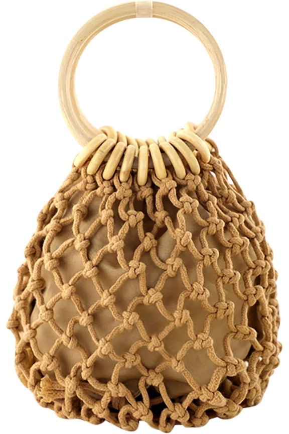 Women Mini Clutch Tote Handbag Top-handle Bucket Drawstring Handbag Beach Woven Handmade Fishing Net Bag Pouch Purse