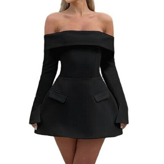 Women Mini Dress Off Shoulder Long Sleeve A Line Dress Short Formal Dresses Party Clubwear Black M