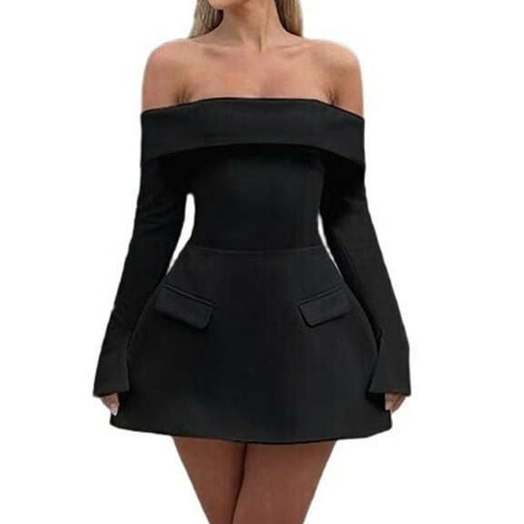 Women Mini Dress Off Shoulder Long Sleeve A Line Dress Short Formal Dresses Party Clubwear Black S