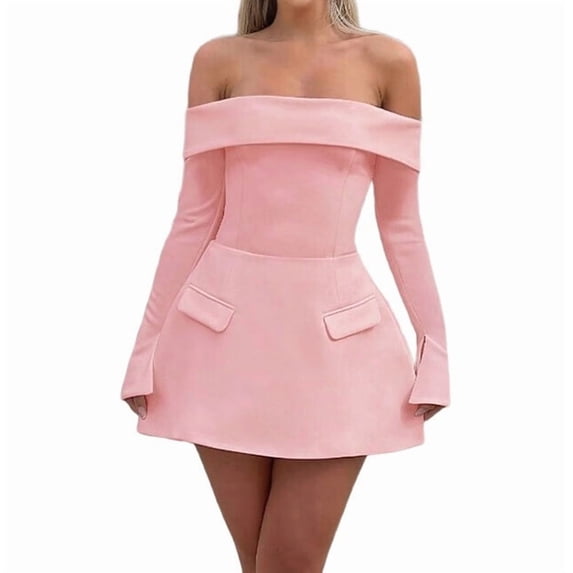 Women Mini Dress Off Shoulder Long Sleeve A Line Dress Short Formal Dresses Party Clubwear Pink M