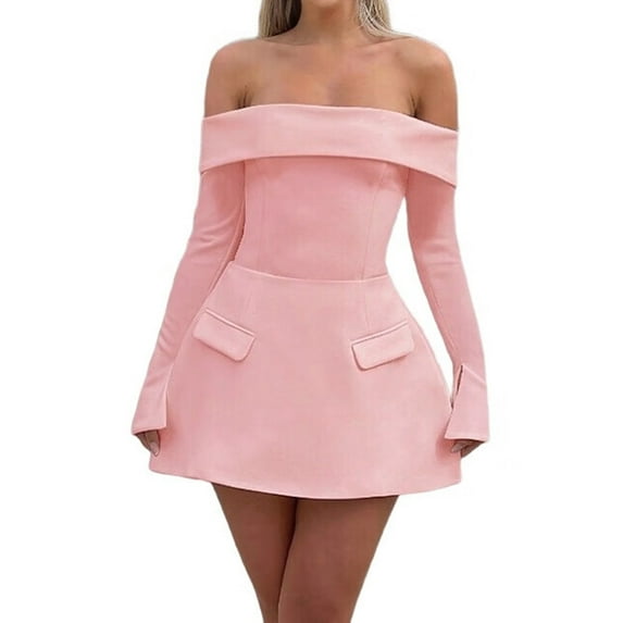 Women Mini Dress Off Shoulder Long Sleeve A Line Dress Short Formal Dresses Party Clubwear Pink XS
