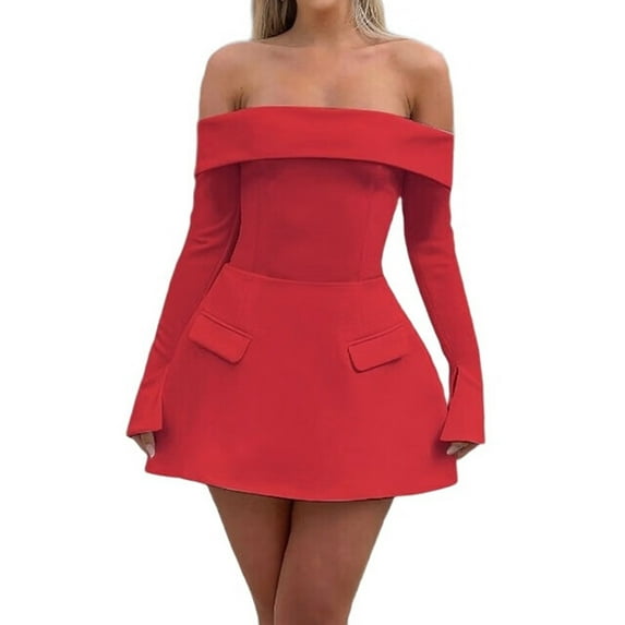 Women Mini Dress Off Shoulder Long Sleeve A Line Dress Short Formal Dresses Party Clubwear Red S