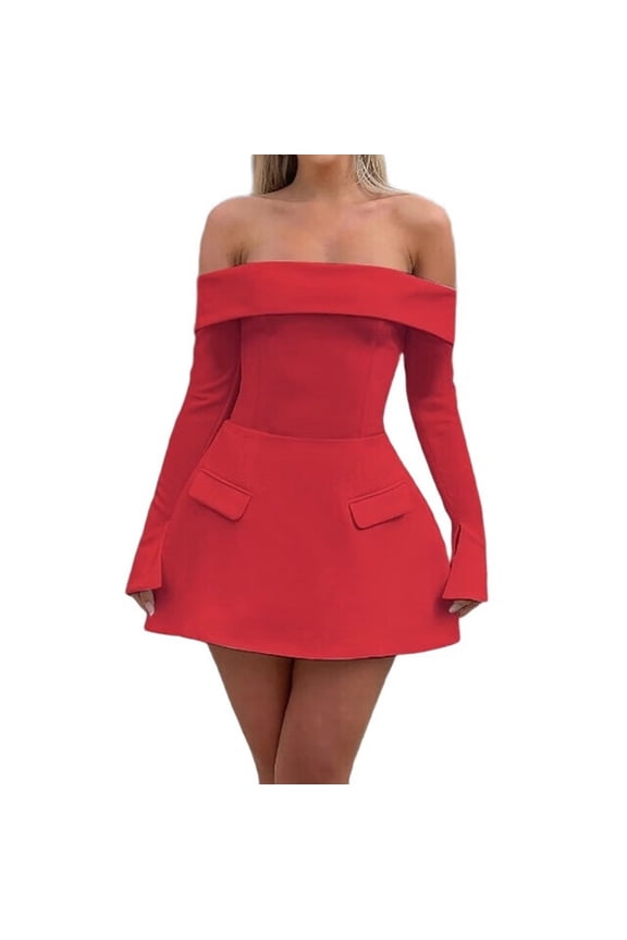 Women Mini Dress Off Shoulder Long Sleeve A Line Dress Short Formal Dresses Party Clubwear Red XS