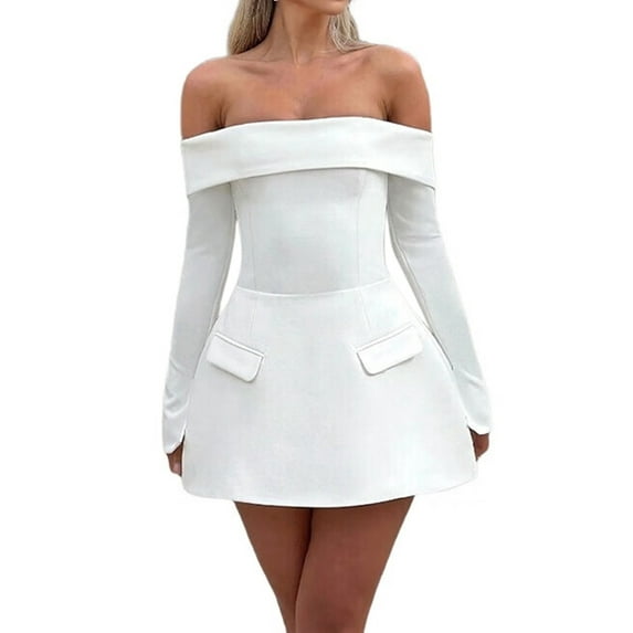 Women Mini Dress Off Shoulder Long Sleeve A Line Dress Short Formal Dresses Party Clubwear White L
