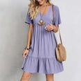 thumbnail image 1 of Women Mini Dress Summer Casual Solid V Neck Ruffles A-line Dress Female Fashion Holiday Boho Loose Beach Elegant Dresses Vestido, 1 of 10