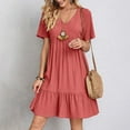 thumbnail image 1 of Women Mini Dress Summer Casual Solid V Neck Ruffles A-line Dress Female Fashion Holiday Boho Loose Beach Elegant Dresses Vestido, 1 of 10