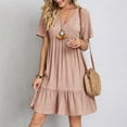 thumbnail image 1 of Women Mini Dress Summer Casual Solid V Neck Ruffles A-line Dress Female Fashion Holiday Boho Loose Beach Elegant Dresses Vestido, 1 of 10
