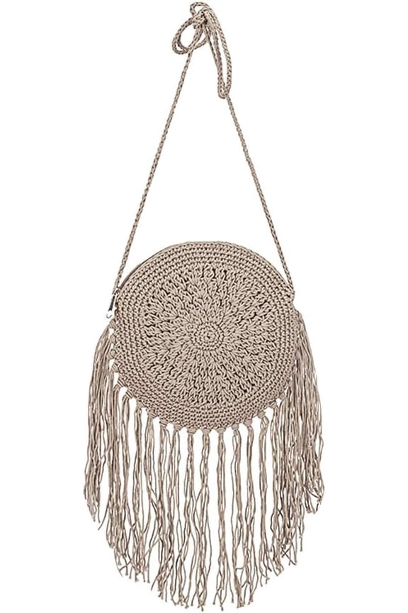 Women Mini Fringed Round Cotton Crochet Cross-body Shoulder Bag