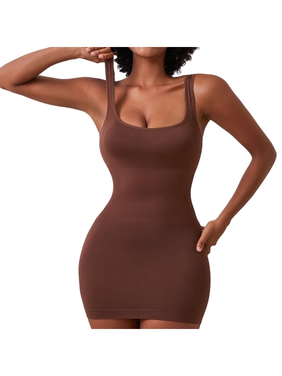 Women Mini Shaper Dress, Square Neck Dresses Tummy Control Seamless Tank Top Dress