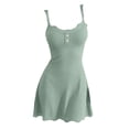 thumbnail image 1 of Women Mini Sundress Spaghetti Thin Straps Ribbed Knit Fabric Scalloped Lace Trim Henley Button Slim A-Line Flared Hem Cami Dress for Beach Vacation Streetwear Club Nights Green M, 1 of 4
