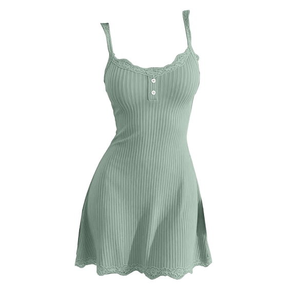 Women Mini Sundress Spaghetti Thin Straps Ribbed Knit Fabric Scalloped Lace Trim Henley Button Slim A-Line Flared Hem Cami Dress for Beach Vacation Streetwear Club Nights Green M