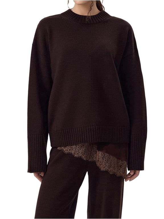 Women Minimalist Crew Neck Drop Shoulder Oversized Lazy Style Long Sleeve Knit Pullover Sweater 26201 - Dark Brown L