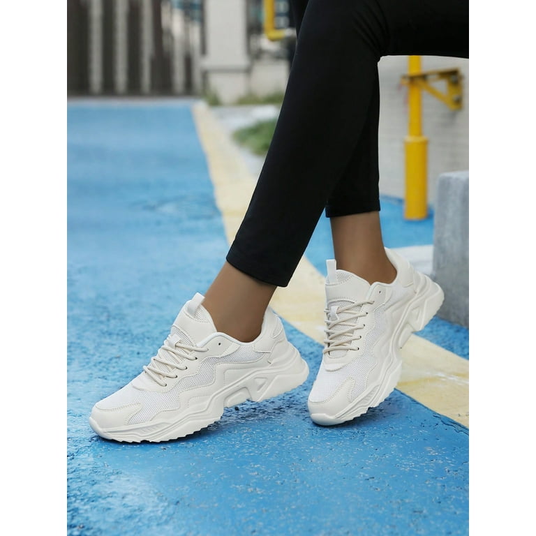Women Minimalist White Lace Up Front Breathable Chunky Sneakers Walmart