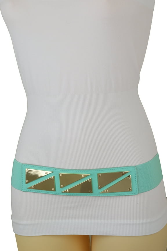 Women Mint Green Stretch Belt Gold Triangle Buckle S M