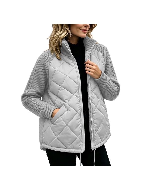 Women Mixed Media Quilted Puffer Jacket, Full‑Zip Stand Collar Outerwear, Cable Knit Raglan Long Sleeves, Side Pockets, Drawstring Hem Gray XXL