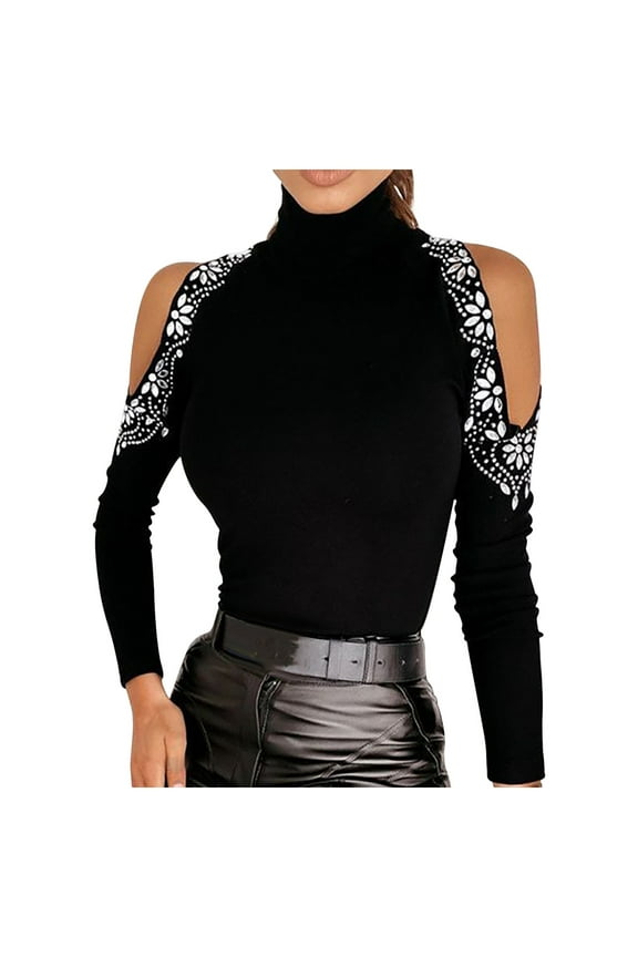 Women Mock High Neck Sweaters Cold Shoulder Long Sleeve Tops Turtleneck Rhinestone Sparkly T-shirts Fall Spring Blouses (Large, Black)