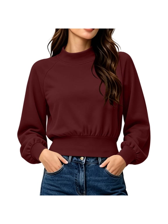 Women Mock Neck Cropped Sweatshirt Long Sleeve Pullover Tops Relaxed Elastic Hem for Daily Shopping Weekend Street Wear Red XXL