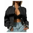 thumbnail image 1 of Women Mock Neck Long Sleeve Button Cropped Leather Jacket Casual Biker Moto Jacket Fall Outerwear Black S, 1 of 5