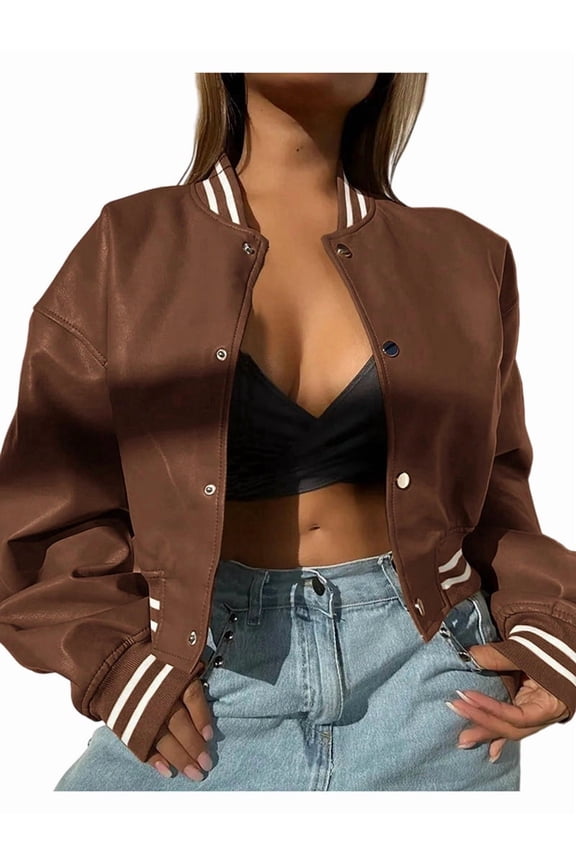 Women Mock Neck Long Sleeve Button Cropped Leather Jacket Casual Biker Moto Jacket Fall Outerwear Dark Brown L