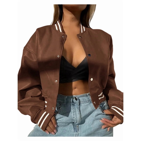 Women Mock Neck Long Sleeve Button Cropped Leather Jacket Casual Biker Moto Jacket Fall Outerwear Dark Brown M