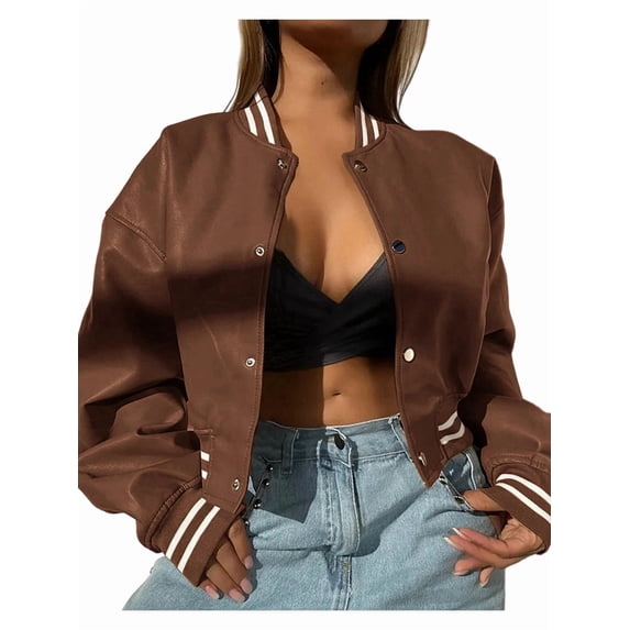 Women Mock Neck Long Sleeve Button Cropped Leather Jacket Casual Biker Moto Jacket Fall Outerwear Dark Brown S