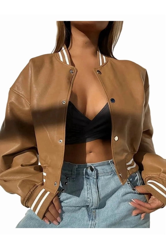 Women Mock Neck Long Sleeve Button Cropped Leather Jacket Casual Biker Moto Jacket Fall Outerwear Khaki XL