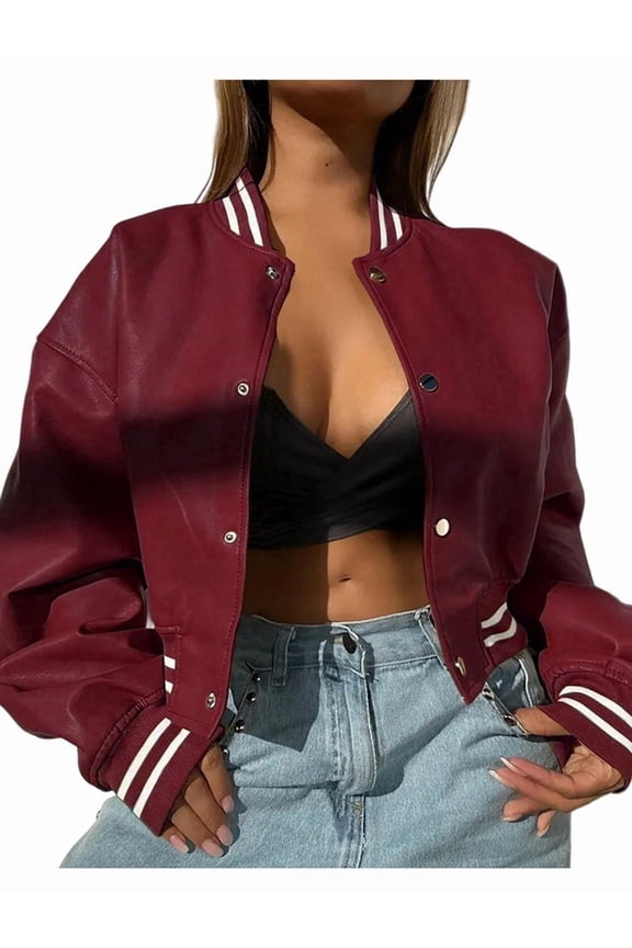 Women Mock Neck Long Sleeve Button Cropped Leather Jacket Casual Biker Moto Jacket Fall Outerwear Wine Red XL