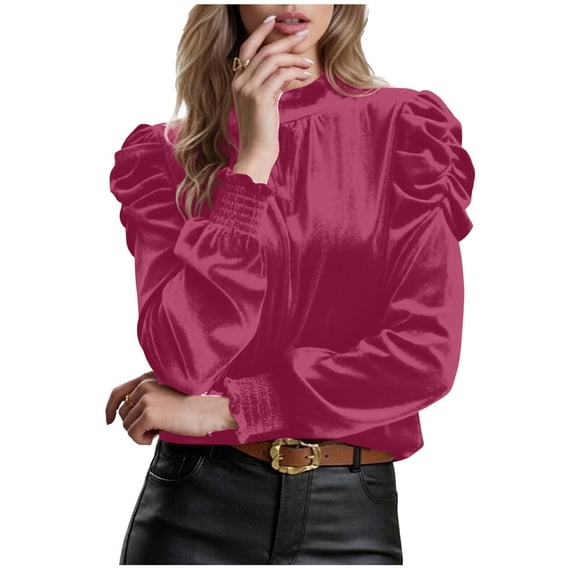 Women Mock Neck Puff Long Sleeve Velvet Tops Trendy Dressy Casual Elegant Shirts Blouse for Women 2026 Fashion
